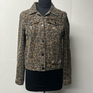Elan brand denim weight distressed animal print jacket.